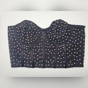 Rhinestone Bustier Top Black Medium Embellished‎ Sleeveless Party Corset